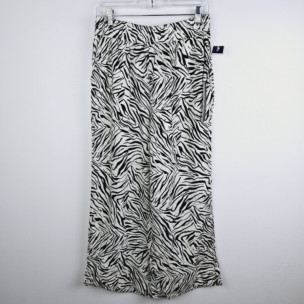 Nicole Miller Cream & Black High Rise Wide Leg Linen Pants NWT, size Large